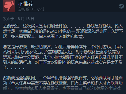 《彩虹六号 异种》Steam发售 综合评价“多半好评”